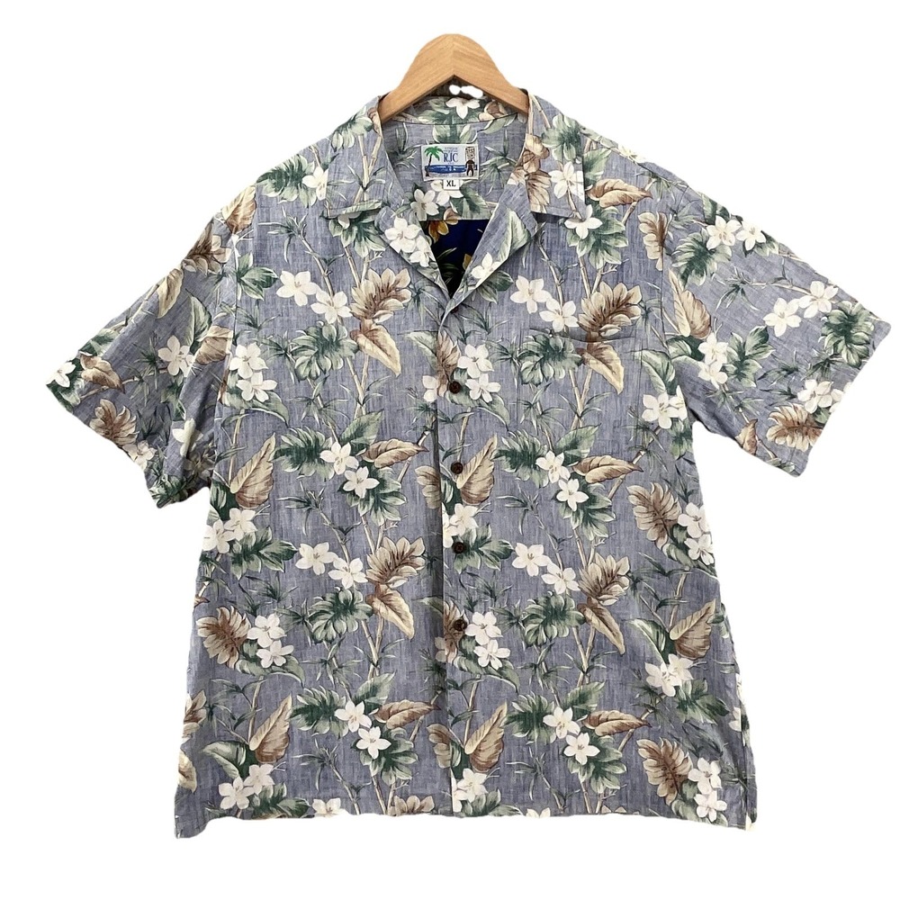 RJC Shirt Mens‎ XL Button Blue Floral Hawaiian Cotton Reverse Print Aloha USA
